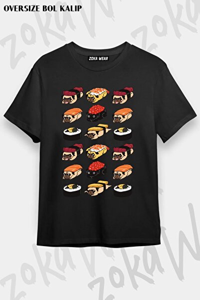 ZOKAWEAR Tricou unisex oversize cu imprimeu Sushi Pug Design