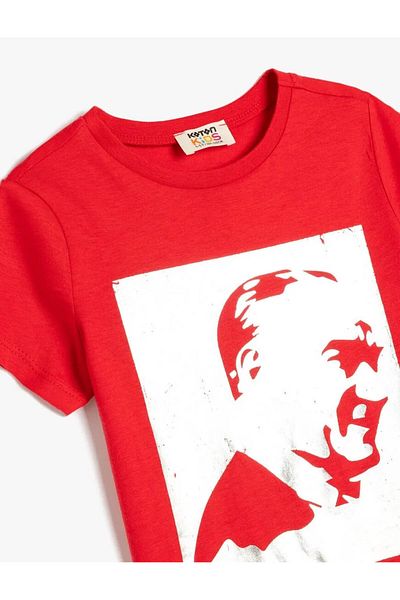 Koton Atatürk Printed Cotton T-Shirt - Short Sleeve, Crew Neck