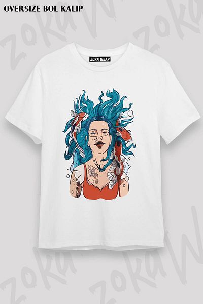 ZOKAWEAR Tricou unisex oversize cu sirenă pește cu imprimeu pentru femei