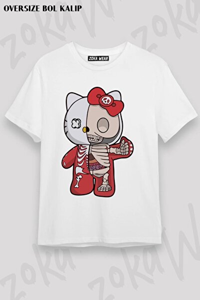 ZOKAWEAR Unisex Oversize kroj Mold Hello Kitty Half Skeleton Design Štampano ...