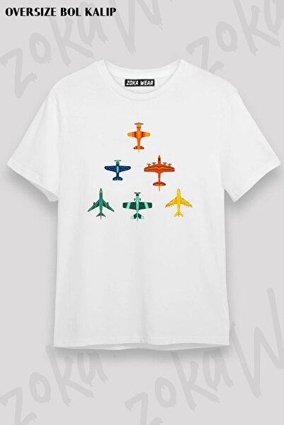 ZOKAWEAR تصميم عتيق كبير الحجم للجنسين - تي شيرت مطبوع عليه طائرات وبطاقات ور...