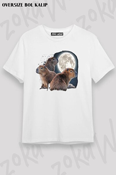 ZOKAWEAR Tricou unisex oversize cu trei capibara și design cu lună