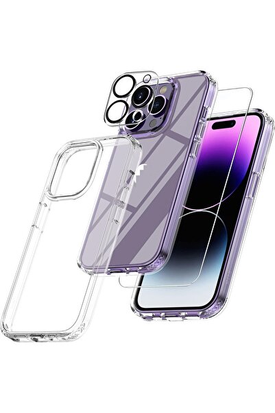 Evax (ŞEF+CAM+LENS) iPhone 14 Pro Max Uyumlu 1 Şeffaf Kılıf + 1 Ekran Koruyuc...