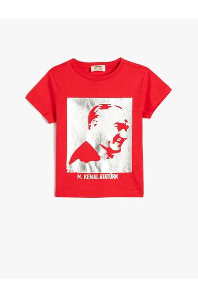 Koton Atatürk Printed Cotton T-Shirt - Short Sleeve, Crew Neck
