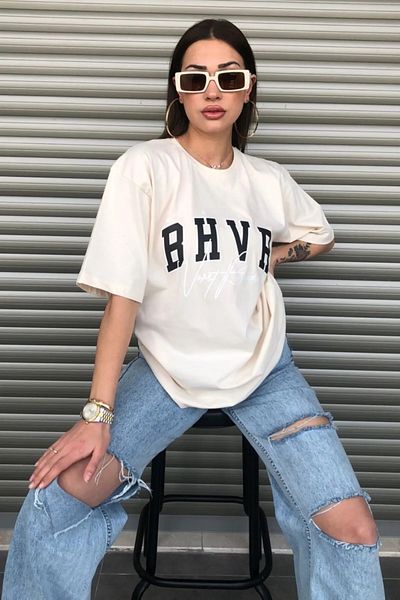 Guillermo Women's Bhvr White Printed Crew Neck Oversize Cotton T-Shirt