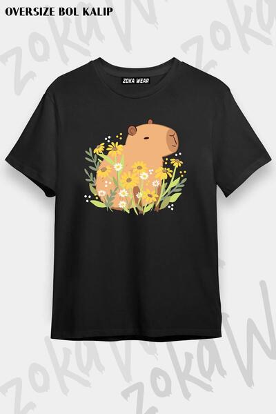 ZOKAWEAR Tricou unisex oversize cu imprimeu Capybara cu flori de margarete