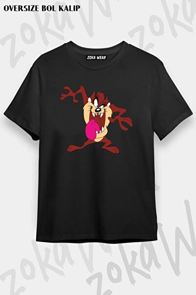 ZOKAWEAR Unisex Oversize Kalıp Tazmanya Canavarı v3 Tasarım Baskılı Tshirt