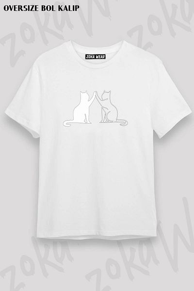 ZOKAWEAR Tricou unisex oversize cu imprimeu cu design de pisici alb-negru
