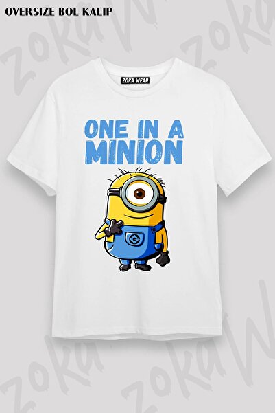 ZOKAWEAR Unisex Oversize Kalıp Minions Carl One In A Minion Tasarım Baskılı Tshirt