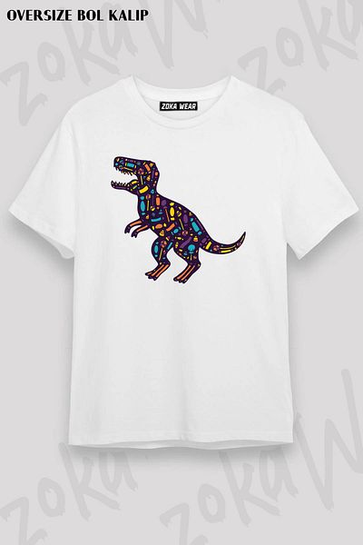 ZOKAWEAR Tricou imprimat unisex oversize cu ilustrație de dinozaur