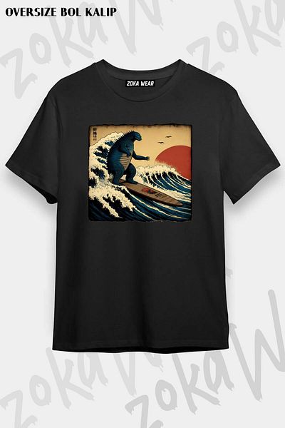 ZOKAWEAR Tricou unisex oversize cu imprimeu Godzilla Surfing Design