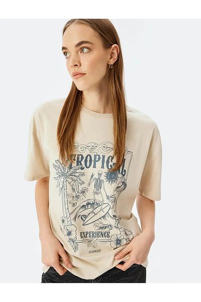 Koton Slogan Printed Short Sleeve Crew Neck Oversize T-Shirt