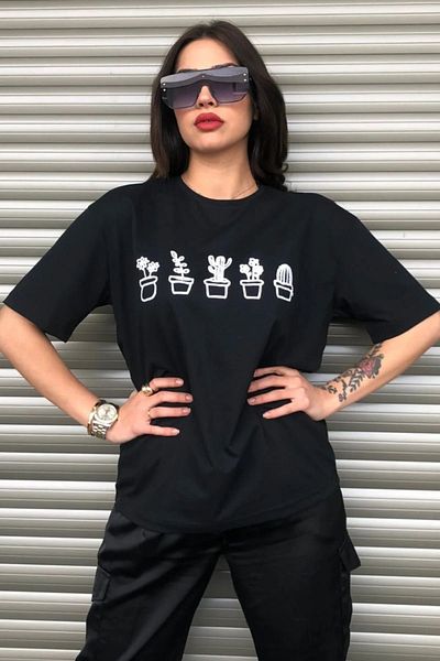 Frisson Cactus Printed Black Women's Oversize T-shirt