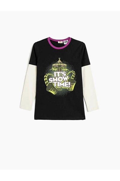 Koton Bavlněné tričko Beetlejuice s dlouhým rukávem - Crew Neck