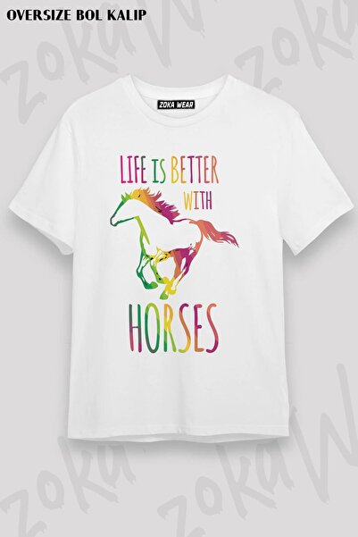 ZOKAWEAR تي شيرت مطبوع بتصميم ركوب الفروسية مقاس كبير للجنسين