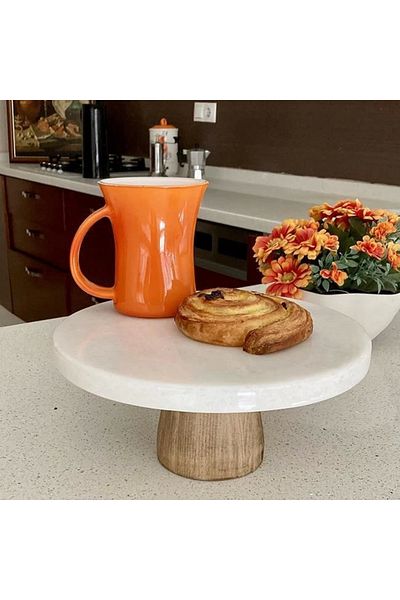 Akayev White Thick Round Presentation Plate with Marble 28 cm Conical Wooden Legs
