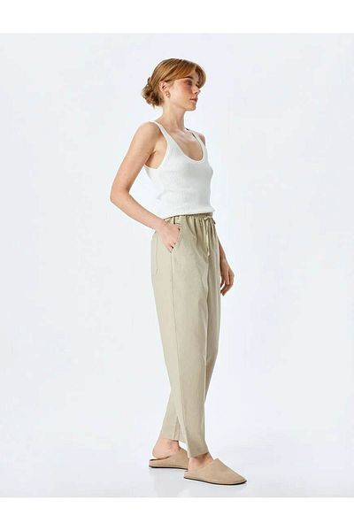 Koton Beige Women's Trousers with Pockets and Lace-Up Waist 5Sak40277Pw