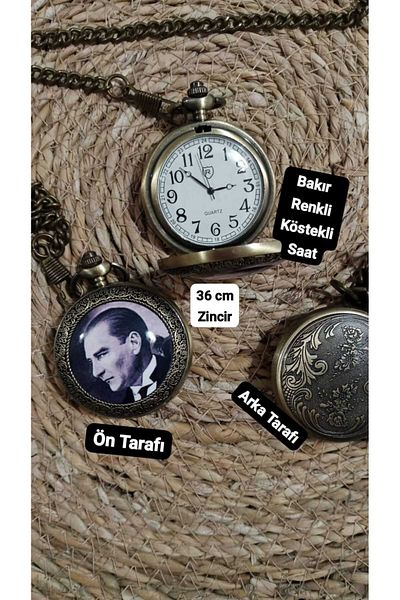 Brality Ataturk Illustrated Luxury Chain Clock - Antique Copper Color, 36 cm Chain - 0053