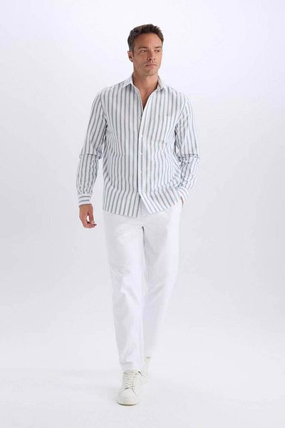 DeFacto Regular Fit Polo Neck Striped Oxford Long Sleeve Green Men's Shirt D6101Ax/Gn756