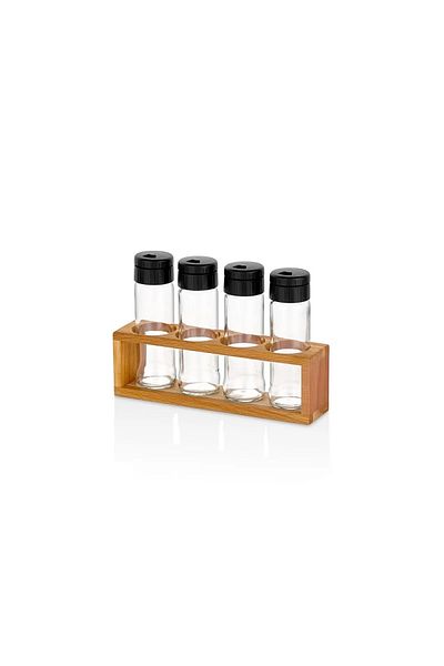 KukiWood 4-Piece Salt Shaker Pepper Shakers Set Spice Rack, Spice Rack with Wooden Stand
