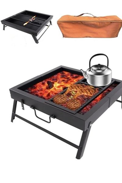 Cady One Foldable square BBQ charcoal carrier for trips and camping with a bag for easy carrying