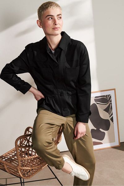 Tchibo Women Spread Collar Long Sleeve Solid Tops, Black