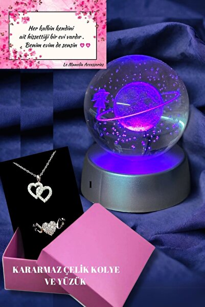 Le Manolia Accessories çift  kalp çelik zirkon kolye yüzük set ve 3d satürn kız küresi sevgililer günü hediyelik set