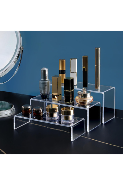 Galip Bronz Şeffaf 3'lü Ayakkabı Teşhir Standı Merdiven Set, Kademeli Dolap Düzenleyici, Kademeli Pleksi Şeffaf
