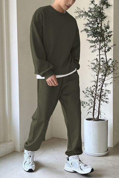ruNadeS Khaki Regular Fit Regular Fit Basic Thick Fleece Inside Crew Neck Tracksuit Set