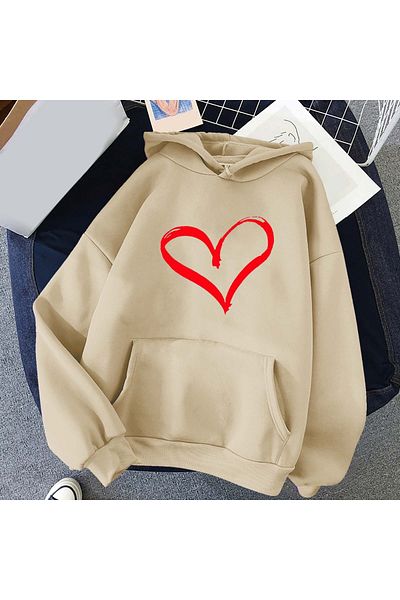 aynewmoda Heart Printed Hooded Sweatshirt Hoodie for Valentine's Day