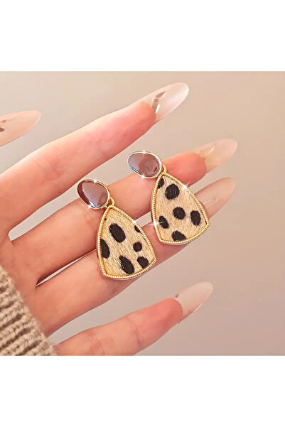 Eredka Kahverengi Taşlı Leopar Desenli Küpe