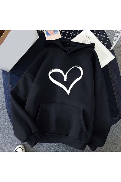 aynewmoda Heart Printed Hooded Sweatshirt Hoodie for Valentine's Day
