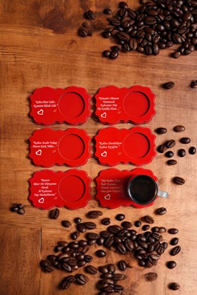 wooden gift design Kahve Sunum Bardak Altlığı 6 Adet Kırmızı Karışık Kahve Sözü