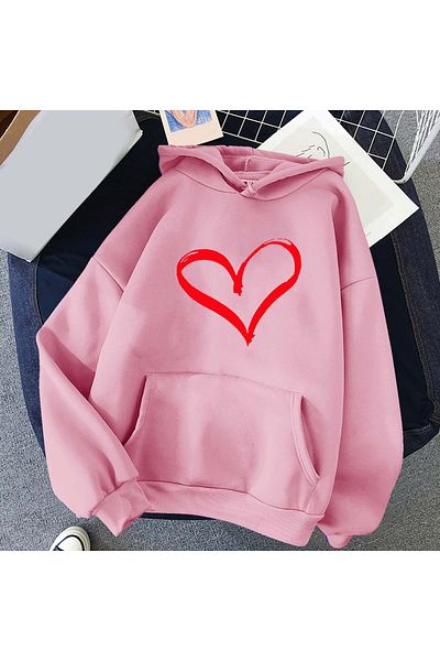 aynewmoda Heart Printed Hooded Sweatshirt Hoodie for Valentine's Day