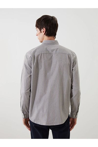 LC Waikiki Southblue Khaki Regular Fit Long Sleeve Striped Men's Shirt
