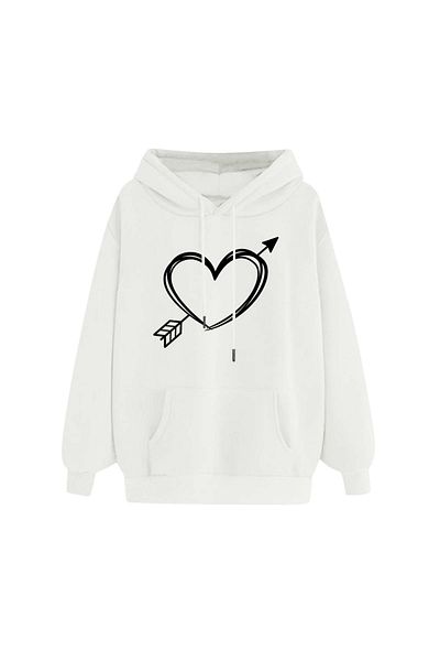 aynewmoda Heart Printed Hooded Sweatshirt Hoodie for Valentine's Day