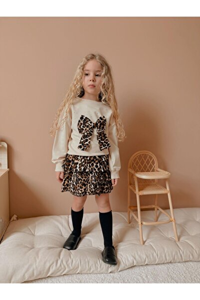 YİGİT BUTİK Yigit Boutique Girl's Suit with Bow Embroidered Leopard Skirt