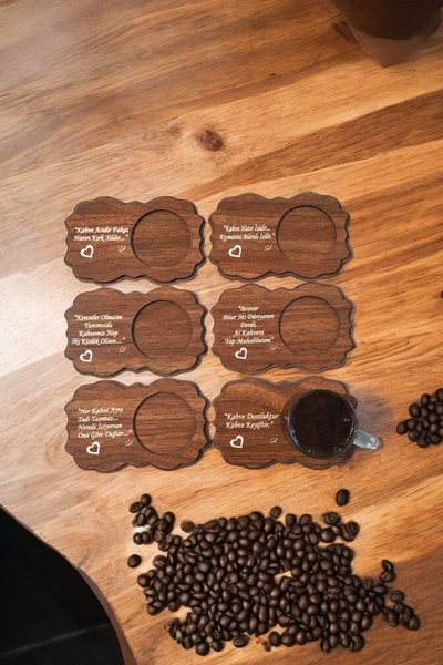 wooden gift design Kahve Sunum Bardak Altlığı 6 Adet Ceviz Karışık Kahve Sözü