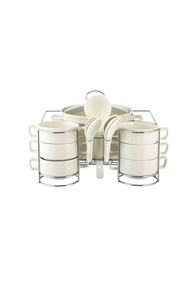 Dania Ceramic soup set, 15 pieces, on a silver stand
