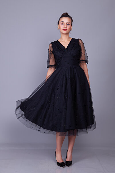 Bidoluelbise İnci Tül Kaplamalı V Yaka Kısa Balon Kol Midi Boy Abiye Elbise