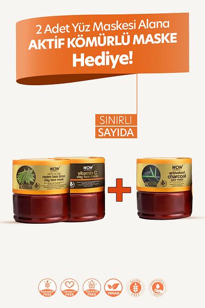 WOW Skin Science Anti-Tea Tree and Vitamin C Clay Mask 200X3 ml Activated Charcoal Clay Set of 3 with Gift