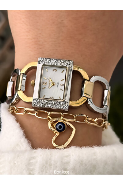 Almera 30*20 MM Kasa,GOLD-GÜMÜŞ Çelik Zincir Kordon Vintage , VIP Tasarım Kadın Kol Saati Kalpli Bileklik