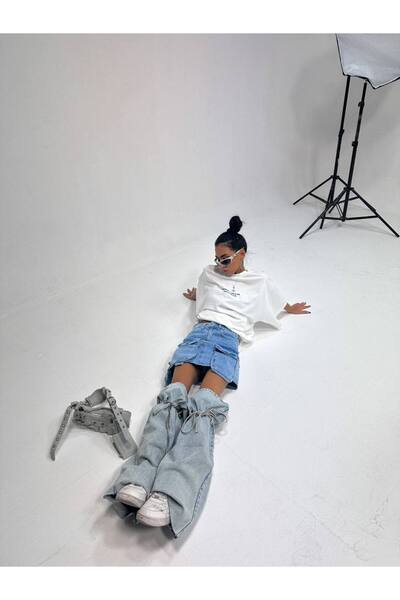 Alien 1979 8Cepli Mavi Yıkamalı Kısa Jean Etek