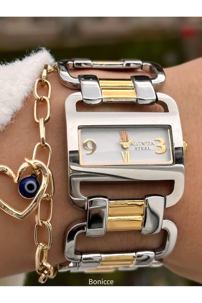 Almera 33*18 MM Kasa, GOLD-GÜMÜŞ Çelik Zincir Kordon Vintage , VIP Tasarım Kadın Kol Saati Kalpli Bileklik