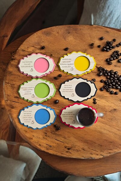 wooden gift design Kahve Sunum Bardak Altlığı 6 Adet Renkli Karışık Kahve Sözü