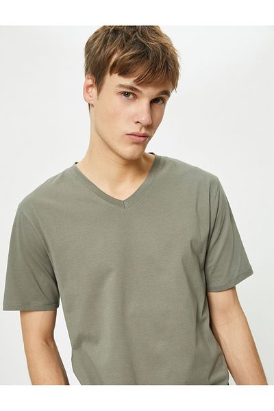 Koton V-Neck T-Shirt Slim Fit Short Sleeve Cotton