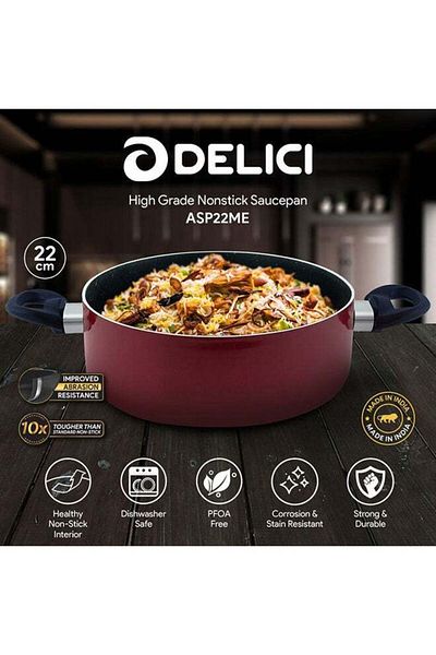 DELICI Nonstick Sauce Pan with Glass lid , 22 CM , Granite Coating ,Maroon