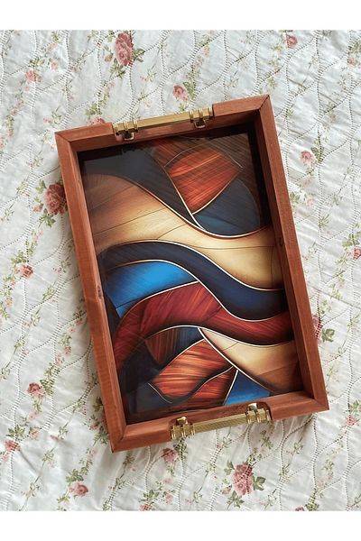 Serene Spaces Wooden Tray, Patterned Presentation Tray, Tea Tray, Coffee Tray,