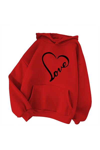 aynewmoda Heart Printed Hooded Sweatshirt Hoodie for Valentine's Day