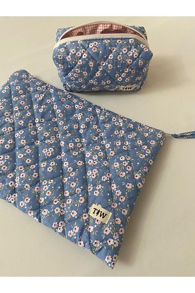 thick weave Pink Floral Patterned Laptop & Makeup Bag